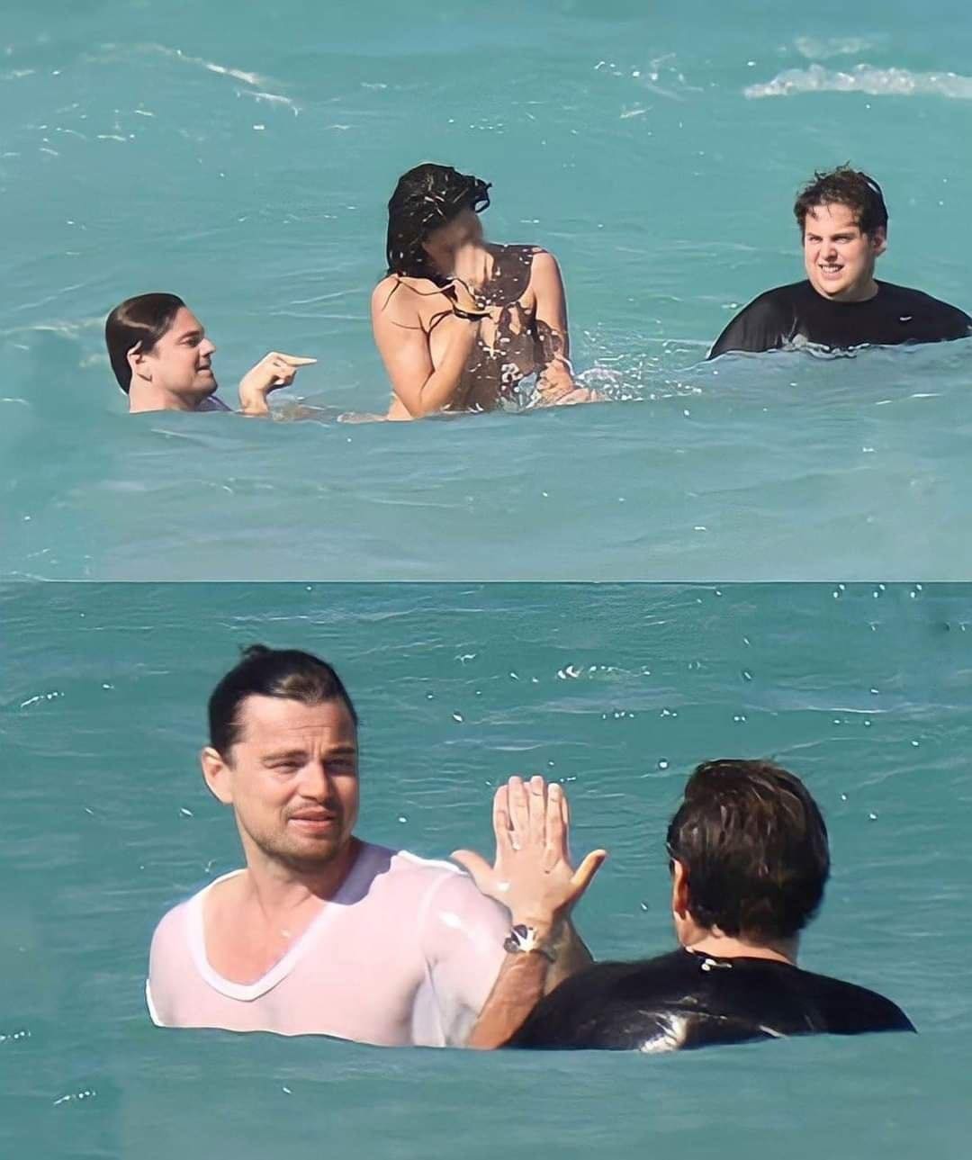 High Five Leonardo DiCaprio And Jonah Hill Congratulate Each Other As They Take A Swim With A